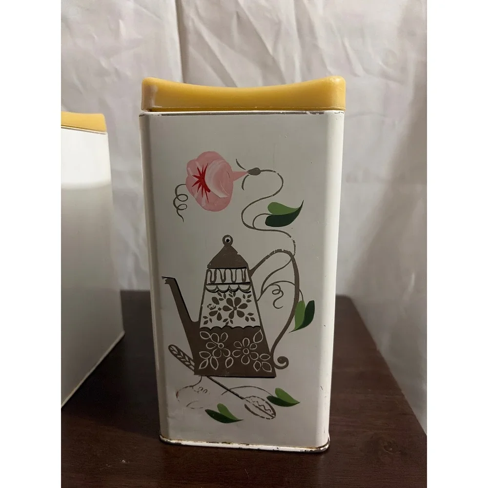Vintage Ransburg Hand Painted Metal‎ Canister Set White Yellow Floral Teapot 2pc